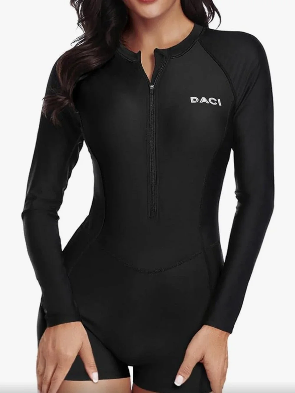 DACI Women's Black Long Sleeve One-Piece Swim Suit with Front Zip Size Sm